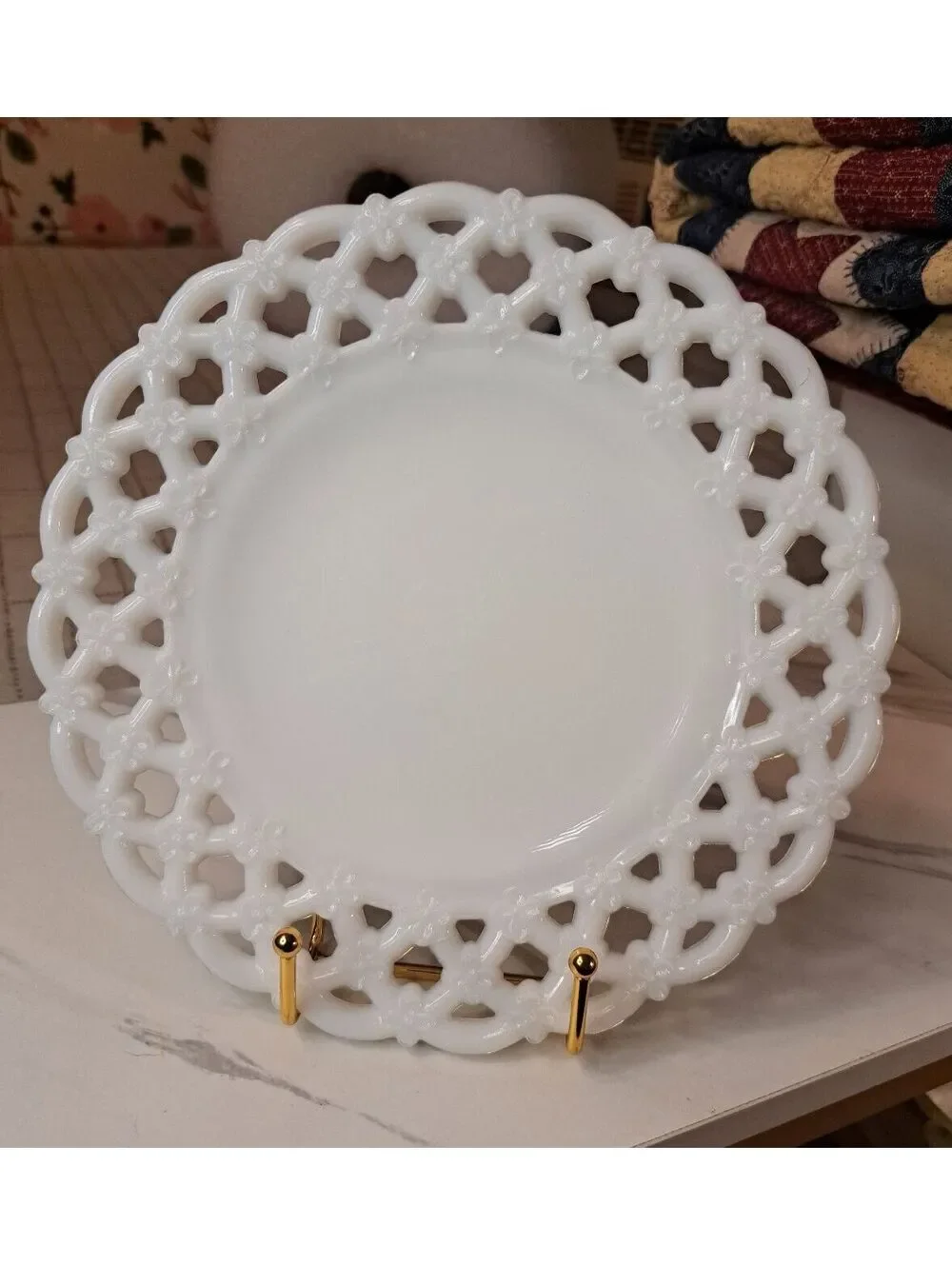 Vintage Westmoreland Forget Me Not Open Lattice Milk Glass Plate 8.5